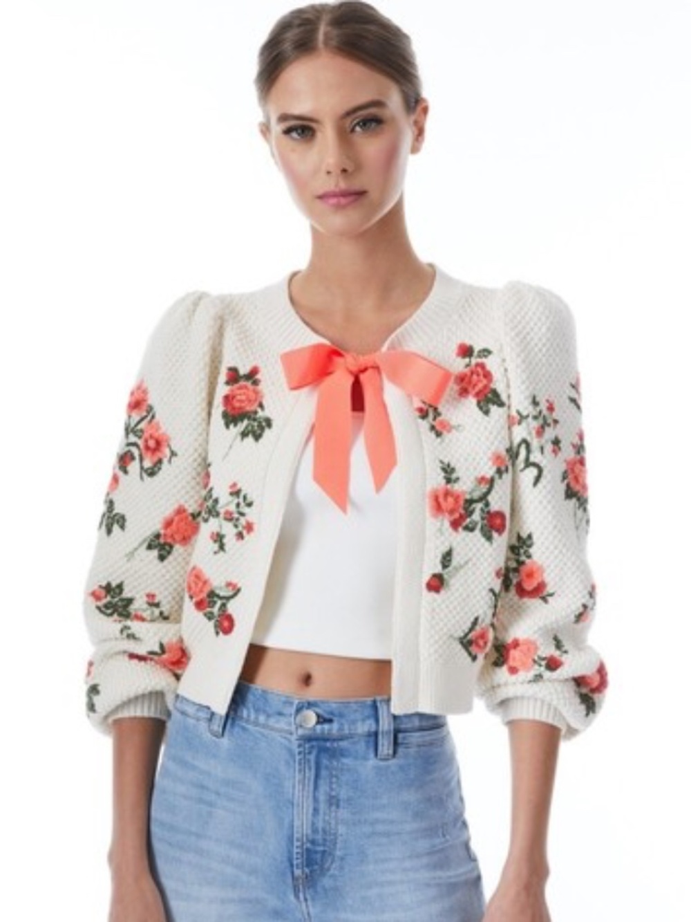 Alice + Olivia Kitty Floral Puff Sleeve Bow Tie Cardigan Sweater size S